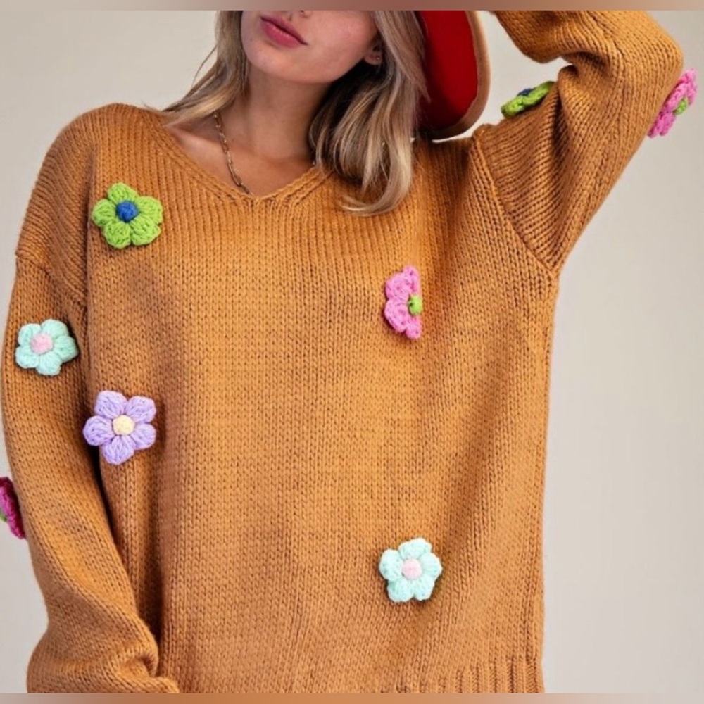 #902 Chic Floral Knit Sweater in Tan - Picture 1 of 6